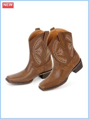Faux Leather Square Toe Western Cowboy Boots Block Heel Ankle Boots